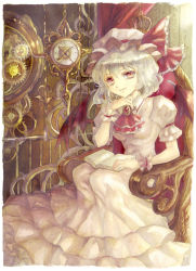 Rule 34 | 1girl, arm garter, arm rest, ascot, backlighting, bad id, bad pixiv id, bat wings, birdcage, book, breasts, brooch, cage, chair, clock, color ink (medium), curtains, dress, frilled dress, frills, gears, hand on own chin, hat, hat ribbon, head rest, highres, jewelry, keiko (mitakarawa), light, long dress, looking at viewer, mob cap, open book, painting (medium), pink dress, railing, red eyes, remilia scarlet, ribbon, roman numeral, silver hair, sitting, small breasts, smile, smirk, touhou, traditional media, wings, wrist cuffs
