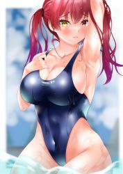 Rule 34 | 1girl, absurdres, arm up, armpits, blue one-piece swimsuit, blush, breasts, cleavage, collarbone, competition swimsuit, covered navel, gradient hair, groin, hand on own chest, heterochromia, highleg, highleg swimsuit, highres, hololive, houshou marine, large breasts, long hair, looking at viewer, multicolored hair, one-piece swimsuit, open mouth, purple hair, red eyes, red hair, sideboob, solo, swimsuit, thighs, twintails, virtual youtuber, water, wet, wet clothes, wet swimsuit, yellow eyes, zyunsei777