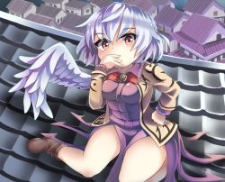 Rule 34 | 1girl, ankle boots, blush, boots, bow, bowtie, breasts, chibi, day, dress, frown, hand on own hip, hand on own face, houshiruri, jacket, kishin sagume, long sleeves, looking at viewer, medium breasts, open clothes, open jacket, outdoors, purple dress, red bow, red bowtie, red eyes, rooftop, short hair, silver hair, single wing, sitting, solo, touhou, town, wariza, wings