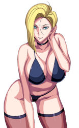 Rule 34 | 1girl, adjusting hair, android 18, bare arms, bare shoulders, bent over, black bra, black panties, blonde hair, blue eyes, bob cut, bra, breasts, choker, cleavage, collarbone, cowboy shot, curvy, dragon ball, dragonball z, game cg, groin, ichijiku, large breasts, leaning forward, legs, lingerie, looking at viewer, navel, panties, parted lips, seductive smile, short hair, simple background, smile, solo, standing, thighhighs, thighs, thong, underwear, white background