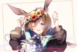 Rule 34 | 1girl, :d, ;d, absurdres, amiya (arknights), animal ears, arknights, ascot, black jacket, blue ascot, blue choker, blue eyes, brown hair, choker, commentary, flower, hair between eyes, hair flower, hair ornament, hands up, head wreath, highres, jacket, jewelry, long hair, mitk game, multiple rings, one eye closed, open mouth, rabbit ears, rabbit girl, ring, sidelocks, smile, solo, upper body, wide sleeves