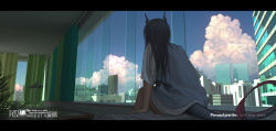 Rule 34 | 1girl, absurdres, arknights, blue sky, bottle7, casual, ch&#039;en (arknights), cityscape, cloud, cloudy sky, dated, day, from behind, highres, horns, huge filesize, indoors, letterboxed, long hair, no pants, on bed, scenery, shirt, sitting, sky, solo, t-shirt, tail
