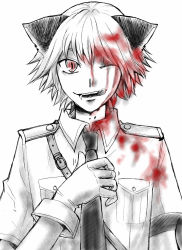 Rule 34 | 1boy, :d, animal ears, blood, cat boy, cat ears, fang, gloves, hellsing, highres, male focus, military, military uniform, monochrome, nazi, necktie, open mouth, red eyes, satoooo, schroedinger (hellsing), smile, solo, spot color, tongue, uniform, wince, wolf ears