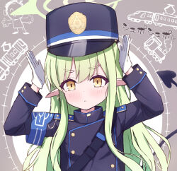 Rule 34 | 1girl, :&lt;, armband, arms up, black hat, black jacket, black tail, blue archive, blue armband, buttoned cuffs, buttons, closed mouth, commentary request, doodle sensei (blue archive), earrings, glint, green hair, green halo, grey background, halo, hat, heart, highres, hikari (blue archive), jacket, jewelry, long hair, long sleeves, looking at viewer, peaked cap, pointy ears, sensei (blue archive), sidelocks, solo, sound effects, strap, tail, upper body, yashiro hachi, yellow eyes