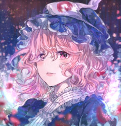 Rule 34 | 1girl, blue hat, blue kimono, blurry, blurry background, blush, cherry blossoms, depth of field, eyes visible through hair, falling petals, frills, hair between eyes, hat, highres, japanese clothes, kimono, light smile, lips, looking at viewer, mob cap, parted lips, petals, pink eyes, pink hair, portrait, saigyouji yuyuko, short hair, solo, touhou, triangular headpiece, vima, wavy hair