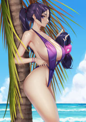 Rule 34 | 1girl, aircraft, airplane, beach, blue sky, blueorca, bracelet, breasts, cloud, collarbone, day, fate/grand order, fate (series), hair ornament, highres, jewelry, large breasts, lips, long hair, looking at viewer, minamoto no raikou (fate), ocean, one-piece swimsuit, outdoors, palm tree, ponytail, purple eyes, purple hair, purple one-piece swimsuit, sky, slingshot swimsuit, smile, solo, standing, swimsuit, thighs, tree