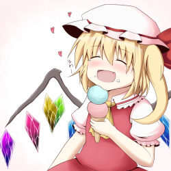 Rule 34 | 1girl, bad id, bad pixiv id, blouse, blush, closed eyes, embodiment of scarlet devil, fang, female focus, flandre scarlet, food, fuuen (akagaminanoka), gradient background, hair between eyes, happy, hat, heart, ice cream, mob cap, open mouth, shirt, solo, tears, touhou, white hat, white shirt, wings