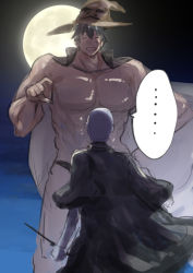 Rule 34 | ..., 2boys, abs, bald, bikini briefs, black cloak, black hair, blue sky, brown headwear, cape, cloak, closed eyes, cluseller, crossover, dumbbell nan kilo moteru?, from behind, gradient sky, hand on own hip, hand up, happy, harry potter (series), hat, holding, machio naruzou, male focus, male underwear, moon, multicolored hair, multiple boys, muscular, night, night sky, open mouth, outdoors, pale skin, shiny skin, short hair, short sleeves, size difference, sketch, sky, smile, sorting hat, speech bubble, spoken ellipsis, streaked hair, two-sided fabric, underwear, voldemort, wand, white hair, wizard hat, wizarding world