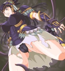 Rule 34 | 1girl, black hair, breasts, cameltoe, clitoris, covered erect nipples, female focus, fingerless gloves, from below, gloves, helmet, hrist valkyrie, large breasts, long hair, night-light, purple eyes, rape, solo, sweat, tentacles, torn clothes, upskirt, valkyrie profile (series)
