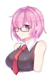 Rule 34 | bare shoulders, blush, breasts, collared dress, dress, fate/grand order, fate (series), glasses, hair over one eye, kan (rainconan), large breasts, looking at viewer, mash kyrielight, necktie, pink hair, purple eyes, red necktie, short hair, simple background, sleeveless, smile, solo, white background