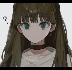 Rule 34 | 1girl, ?, bad id, bad pixiv id, blue eyes, brown hair, choker, closed mouth, commentary, earrings, es-ther, highres, jewelry, letterboxed, long hair, looking at viewer, original, portrait, shirt, solo, upper body, white shirt