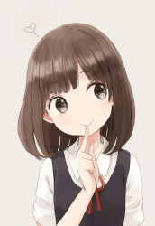 Rule 34 | 1girl, :&gt;, blunt bangs, brown eyes, brown hair, dress shirt, finger to mouth, grey background, heart, looking to the side, nasuna, original, red ribbon, ribbon, school uniform, shirt, short hair, short sleeves, simple background, smile, solo, spoken heart, upper body, vest, white shirt