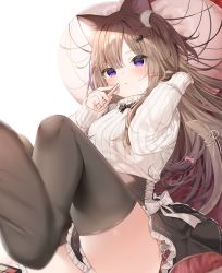 Rule 34 | 1girl, animal ear fluff, animal ears, black skirt, black thighhighs, blurry, blurry foreground, blush, breasts, brown hair, cat ears, cat girl, cat tail, closed mouth, commentary, cosmetics, depth of field, frilled skirt, frills, hair ornament, hairclip, highres, holding, holding lipstick tube, leo (mafuyu), lipstick, lipstick tube, long hair, long sleeves, looking at viewer, mafuyu (chibi21), makeup, medium breasts, multicolored hair, no shoes, one side up, original, panties, purple eyes, purple hair, ribbed sweater, ribbon, side-tie panties, skirt, sleeves past wrists, soles, solo, streaked hair, sweater, symbol-only commentary, tail, tail ornament, tail raised, tail ribbon, thighhighs, twitter username, underwear, very long hair, white panties, white ribbon, white sweater