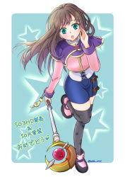 Rule 34 | 1girl, bad id, bad pixiv id, black thighhighs, blush, breasts, brown hair, commentary request, green eyes, hair ornament, hairclip, long hair, looking at viewer, medium breasts, open mouth, pencil skirt, print thighhighs, skirt, solo, sophia esteed, star ocean, star ocean till the end of time, thighhighs