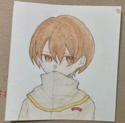 Rule 34 | 1boy, brown eyes, brown hair, capelet, chinese commentary, commentary request, covered mouth, gold trim, hair between eyes, jabuchi you, male focus, no0hingness, painting (medium), portrait, saibou shinkyoku, shirt, short hair, simple background, solo, traditional media, watercolor (medium), white background, white capelet, white shirt