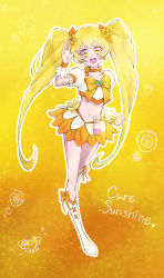 Rule 34 | 1girl, :d, blonde hair, boots, bow, brooch, character name, choker, collarbone, crop top, cure sunshine, earrings, floating hair, full body, hair bow, heart, heart brooch, heartcatch precure!, highres, jewelry, long hair, looking at viewer, midriff, miniskirt, navel, open mouth, orange bow, orange choker, orange skirt, precure, skirt, smile, solo, standing, stomach, twintails, usiusi nanas, very long hair, w, white footwear, wrist cuffs, yellow background, yellow eyes, yellow theme