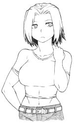Rule 34 | 1girl, abs, bare shoulders, belt, breasts, casual, denim, female focus, final fantasy, final fantasy tactics, frown, greyscale, jeans, large breasts, monk, monk (fft), monochrome, navel, pants, shirt, short hair, simple background, solo, t-shirt, tsukudani (coke-buta), white background
