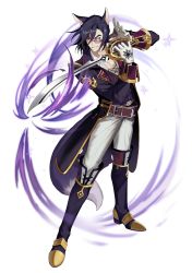 Rule 34 | 1boy, absurdres, animal ears, belt, black hair, boots, full body, glasses, gloves, hair between eyes, hands up, highres, holding, holding sword, holding weapon, jacket, knee boots, looking at viewer, male focus, monocle, official art, pants, pince-nez, solo, standing, sword, teria saga, tula (teria saga), weapon, white background, white gloves, white pants