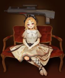 Rule 34 | 1girl, absurdres, ahoge, assault rifle, asymmetrical legwear, birdcage flash hider, black headwear, blonde hair, blush, brown background, bullpup, burst fire gun, burst fire rifle, choker, commentary, couch, double-stack magazine, double-stack single-feed magazine, dress, elbow gloves, full body, girls&#039; frontline, gloves, gun, hairband, hands on lap, headdress, highres, indoors, kneehighs, lightning holes, lolita hairband, long gun, long hair, looking at viewer, magazine (weapon), muzzle device, needlegun, on couch, open mouth, personification, prototype design, puffy short sleeves, puffy sleeves, red eyes, ribbon, rifle, rocher-hd, s-acr (girls&#039; frontline), scope, short sleeves, sight (weapon), single-feed magazine, sitting, smile, socks, solo, steyr acr, steyr arms, steyr mannlicher, symbol-only commentary, telescopic sight, uneven legwear, weapon, white dress, white footwear, white gloves, white socks