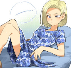 Rule 34 | ..., 1girl, android 18, bare legs, blonde hair, blue dress, blue eyes, dragon ball, dragonball z, dress, earrings, expressionless, jewelry, looking away, lying, official style, petagon, short hair, solo, solo focus, speech bubble