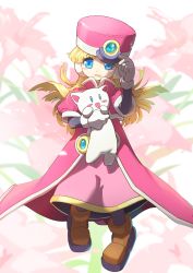 Rule 34 | 1girl, absurdres, alouette (mega man), android, blonde hair, blue eyes, brown footwear, coat, commentary, cosplay, doll, dress, dual persona, english commentary, floral background, flower, full body, gloves, hand on headwear, hat, highres, holding, holding doll, lily (flower), long hair, looking at viewer, mega man (series), mega man zero (series), mega man zx, open mouth, pink coat, pink dress, pink hat, prairie (mega man), prairie (mega man) (cosplay), robot ears, solo, tanziya (codlxcold), white background, white gloves