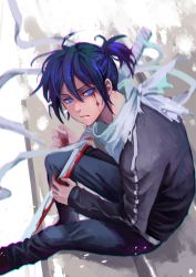 Rule 34 | 1boy, ana bi, black jacket, blood, blood on face, blue eyes, blue hair, blue pants, closed mouth, commentary request, jacket, long sleeves, looking at viewer, male focus, noragami, pants, ponytail, scarf, short ponytail, sitting, solo, sword, track jacket, track suit, weapon, yato (noragami)