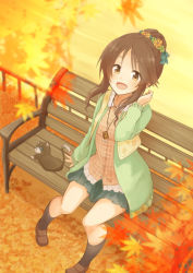 Rule 34 | 10s, 1girl, autumn, autumn leaves, bad id, bad pixiv id, bench, black socks, brown hair, cat, high ponytail, idolmaster, idolmaster cinderella girls, kneehighs, layered clothes, loafers, looking at viewer, mugi (banban53), open mouth, outdoors, shoes, sitting, skirt, smile, socks, solo, takamori aiko, yellow eyes