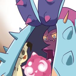 Rule 34 | bad id, bad pixiv id, blue eyes, closed mouth, colored sclera, costume, creatures (company), game freak, gen 7 pokemon, glowing, glowing eyes, gradient background, kts, lowres, mimikyu, minior, minior (core), minior (red core), nintendo, no humans, orange sclera, pokemon, pokemon (creature), pokemon sm, sharp teeth, spikes, starfish, teeth, tentacles, toxapex