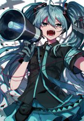 Rule 34 | 1girl, absurdres, armband, black gloves, black shirt, blue eyes, blue hair, blue necktie, blue skirt, collared shirt, commentary request, danjou sora, dress shirt, gloves, hair between eyes, hand up, hatsune miku, highres, holding, holding megaphone, long hair, looking at viewer, megaphone, necktie, open mouth, pleated skirt, safety pin, shirt, short sleeves, skirt, solo, twintails, v-shaped eyebrows, very long hair, vocaloid