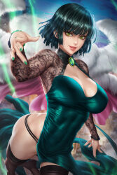 Rule 34 | 1girl, ass, black thighhighs, blunt bangs, blunt ends, breasts, cleavage, commentary, dark green hair, dress, english commentary, fubuki (one-punch man), green brooch, green dress, green eyes, green nails, highres, lace sleeves, large breasts, mixed-language commentary, neoartcore, one-punch man, paid reward available, patreon username, short hair, side slit, solo, thai commentary, thighhighs