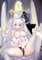 Rule 34 | 1girl, absurdres, ahoge, areola slip, arm between breasts, babydoll, between breasts, black cloak, black panties, blush, breasts, cameltoe, choker, cloak, cross, elbow gloves, feet out of frame, flower, frilled choker, frilled hairband, frills, garter belt, gloves, hair between eyes, hair flower, hair ornament, hairband, highres, hood, hooded cloak, indoors, large breasts, light particles, long hair, midriff, navel, niliu chahui, original, panties, rabbit hair ornament, red eyes, silver hair, simple background, smile, solo focus, thighhighs, tokisaki mio (niliu chahui), two side up, underwear, very long hair, white cloak, white flower, white gloves, white hairband, white thighhighs