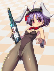 Rule 34 | 1girl, ahoge, alcohol, alternate costume, animal ears, areola slip, bare arms, bare shoulders, black hat, blush, bottle, bow, bowl, bowl hat, bowtie, breasts, checkered floor, commentary request, cowboy shot, fake animal ears, gluteal fold, hair intakes, hat, highleg, highleg leotard, highres, holding, holding bottle, leotard, looking at viewer, pantyhose, playboy bunny, purple hair, rabbit ears, red bow, red bowtie, red eyes, see-through, see-through legwear, short hair, small breasts, smile, solo, sukuna shinmyoumaru, syope, thighs, touhou, whiskey, wrist cuffs