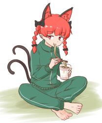 Rule 34 | 1girl, alternate costume, animal ears, barefoot, braid, cat ears, cat girl, cat tail, commentary request, commission, cup ramen, eating, extra ears, full body, green jacket, green pants, gym uniform, indian style, jacket, kaenbyou rin, mizusoba, multiple tails, nekomata, pants, pointy ears, red eyes, side braids, sitting, skeb commission, solo, tail, touhou, twin braids, two tails, white background