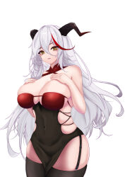 Rule 34 | 1girl, absurdres, aegir (azur lane), aegir (golden dragon among auspicious clouds) (azur lane), azur lane, bare shoulders, black garter straps, black horns, black thighhighs, breasts, chuer 722, cleavage, covered navel, criss-cross halter, framed breasts, garter straps, halterneck, hands on own chest, highres, horns, huge breasts, long hair, looking at viewer, multicolored hair, official alternate costume, red hair, sideless outfit, simple background, solo, standing, streaked hair, thighhighs, very long hair, white background, white hair, yellow eyes