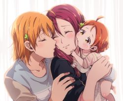 Rule 34 | 3girls, ahoge, baby, black shirt, blush, carrying, child carry, clover hair ornament, collarbone, closed eyes, hair ornament, hair over shoulder, hair scrunchie, hand on another&#039;s shoulder, highres, holding, holding baby, if they mated, kiss, kougi hiroshi, long hair, love live!, love live! sunshine!!, mother and daughter, multiple girls, no pants, polka dot, polka dot scrunchie, puckered lips, red hair, sakurauchi riko, scrunchie, shirt, short hair, short sleeves, smile, takami chika, upper body, yellow eyes, yuri