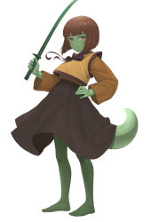 Rule 34 | 1girl, anak zahard, bad id, bad pixiv id, barefoot, blunt bangs, brown eyes, brown hair, colored skin, full body, green skin, hand on own hip, holding, holding sword, holding weapon, long sleeves, monster girl, ni (221), short hair, simple background, solo, standing, sword, tail, tower of god, weapon, white background