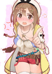 Rule 34 | 1girl, anger vein, angry, artist request, atelier (series), atelier ryza, bare shoulders, belt, blush, breasts, brown eyes, brown hair, cleavage, fangs, gloves, hair ornament, hairclip, hat, highres, jewelry, looking at viewer, necklace, open mouth, red shorts, reisalin stout, shiny skin, short hair, short shorts, shorts, single glove, solo, star (symbol), star necklace, tears, thighhighs, trembling