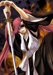 Rule 34 | 1girl, bleach, eyepatch, hair between eyes, harukey, highres, jacket, japanese clothes, jewelry, katana, long hair, long sleeves, looking at viewer, open mouth, purple eyes, purple hair, saitou furoufushi, shinigami, simple background, smile, solo, sword, tongue, tongue out, twintails, weapon, white background