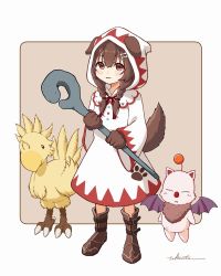 Rule 34 | 1girl, :3, animal ears, blush stickers, bone hair ornament, boots, braid, brown eyes, brown hair, chocobo, cosplay, crossover, dog ears, dog tail, final fantasy, hair ornament, highres, hololive, hood, hooded dress, inugami korone, moogle, signature, staff, standing, tail, takimoto nao, twin braids, virtual youtuber, white mage (final fantasy), white mage (final fantasy) (cosplay)
