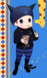 Rule 34 | 1boy, animal ear headwear, animal ears, argyle, argyle background, argyle clothes, beanie, belt, belt buckle, black belt, black bodysuit, black eyes, black footwear, black hat, black jacket, black sleeves, blue background, blue bodysuit, blush stickers, bodysuit, boots, brown hair, buckle, buttons, cat ears, chain, chewing, closed mouth, collared jacket, commentary request, cuffs, cup, danganronpa (series), danganronpa v3: killing harmony, disposable cup, eating, fake animal ears, food, food in mouth, full body, giraffe, hat, holding, holding cup, holding food, holding pocky, hoshi ryoma, jacket, kogarashi 8, leather, leather jacket, long sleeves, looking at viewer, male focus, partial commentary, pocket, pocky, pocky in mouth, prison clothes, shackles, short hair, simple background, solo, star (symbol), striped bodysuit, studded belt, two-tone bodysuit, very short hair, zipper, zipper pull tab