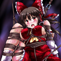 Rule 34 | 1girl, bdsm, blush, bondage, bound, breasts, brown hair, crying, crying with eyes open, detached sleeves, hakurei reimu, large breasts, lilish, long hair, red eyes, solo, tears, touhou