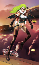 Rule 34 | 1girl, aircraft, airship, artist name, boots, borrowed character, breasts, cloud, elbow gloves, flying, full body, gloves, goggles, green hair, jetpack, long hair, mechanical wings, navel, original, roguetwo, rynn (acerailgun), sky, smile, solo, steampunk, thigh boots, thighhighs, wings, yellow eyes
