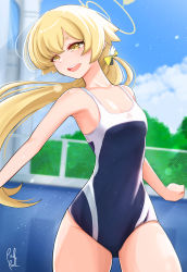 Rule 34 | 1girl, :d, absurdres, blonde hair, blue archive, blue one-piece swimsuit, blurry, blurry background, bow, breasts, chain-link fence, commentary, competition school swimsuit, competition swimsuit, cowboy shot, day, english commentary, fence, hair bow, halo, hifumi (blue archive), highres, long hair, looking to the side, low ponytail, nontraditional school swimsuit, one-piece swimsuit, open mouth, outdoors, poolpool, school swimsuit, short eyebrows, signature, small breasts, smile, solo, swimsuit, teeth, tongue, upper teeth only, yellow bow, yellow eyes