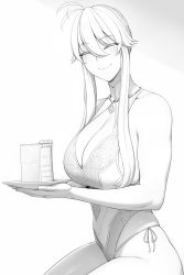 Rule 34 | 1girl, ahoge, artoria pendragon (fate), artoria pendragon (lancer) (fate), bare shoulders, blush, breasts, cake, cake slice, cleavage, cleavage cutout, closed mouth, clothing cutout, commentary, english commentary, facing viewer, fate/grand order, fate (series), food, greyscale, hair between eyes, highres, holding, holding plate, large breasts, leotard, long hair, lvl (sentrythe2310), monochrome, motion blur, motion lines, plate, simple background, smile, solo