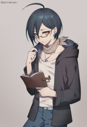 Rule 34 | ahoge, artist name, belt, bespectacled, black hair, black jacket, blue pants, book, casual, collarbone, commentary request, contrapposto, cowboy shot, danganronpa (series), danganronpa v3: killing harmony, denim, earrings, ewa (seraphhuiyu), glasses, grey background, hand up, highres, holding, holding book, hood, hood down, jacket, jeans, jewelry, long sleeves, looking at viewer, male focus, necklace, open book, open clothes, open jacket, pants, parted lips, saihara shuichi, semi-rimless eyewear, shirt, short hair, simple background, solo, under-rim eyewear, yellow eyes