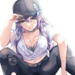 Rule 34 | 1girl, arm up, assault lily, baseball cap, belt, belt buckle, black bra, black hat, black pants, bra, braid, breasts, buckle, butterfly hat ornament, choker, cleavage, commentary request, elbow on knee, feet out of frame, funada kiito, green eyes, grey belt, hair between eyes, hand on headwear, hat, hat ornament, houji tea latte, large breasts, lens flare, long hair, looking at viewer, midriff, navel, pants, parted lips, purple hair, see-through, shirt, side braid, sidelocks, simple background, single braid, solo, spread legs, squatting, stomach, tied shirt, underwear, very long hair, white background, white choker, white shirt