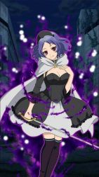 Rule 34 | 10s, 1girl, black dress, black hairband, black thighhighs, blue hair, breasts, building, cape, chess belle, cleavage, detached sleeves, dress, fang, fang out, hairband, head tilt, holding, holding sword, holding weapon, large breasts, looking at viewer, night, owari no seraph, red eyes, ruins, saber (weapon), short dress, short hair, sleeveless, sleeveless dress, smile, solo, standing, sword, thighhighs, weapon, white cape