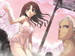Rule 34 | 00s, 1boy, 1girl, archer (fate), bare shoulders, blue eyes, brown eyes, brown hair, cherry blossoms, dark skin, dark-skinned male, fate/stay night, fate (series), long hair, morii shizuki, naked towel, outdoors, parted lips, petals, sitting, sky, steam, tohsaka rin, towel, tree, white hair