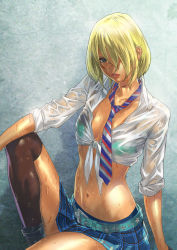 Rule 34 | 1girl, arm support, belt, blonde hair, blue eyes, burai sachiko, front-tie top, gradient background, hair over one eye, knee up, lips, looking at viewer, mana30row, midriff, navel, necktie, school uniform, see-through, shiny skin, shirt, short hair, skirt, sleeves rolled up, solo, tied shirt, tokyo girls destruction, wet