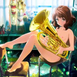 Rule 34 | 10s, 1girl, barefoot, breasts, brown hair, casual nudity, chair, euphonium, feet, hibike! euphonium, highres, instrument, legs, looking at viewer, lying, nipples, nude, nude filter, oumae kumiko, short hair, sitting, small breasts, smile, solo, third-party edit, toes
